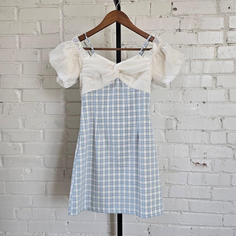 ​Blue and White Gingham Mini Dress ┃Chiffon Puff Sleeve┃Whimsical Soft Girl┃XS